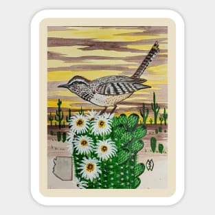 Arizona state bird and flower, the cactus wren and saguaro cactus flower Sticker